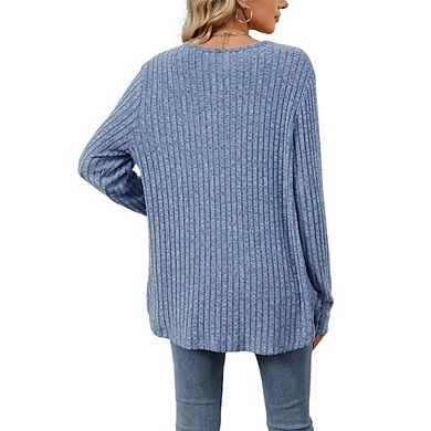 Womens Casual Long Sleeve Ribbed Knit Button Cardigan Tied Hem Sweater Top