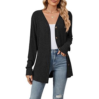 Womens Casual Long Sleeve Ribbed Knit Button Cardigan Tied Hem Sweater Top