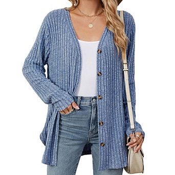 Womens Casual Long Sleeve Ribbed Knit Button Cardigan Tied Hem Sweater Top
