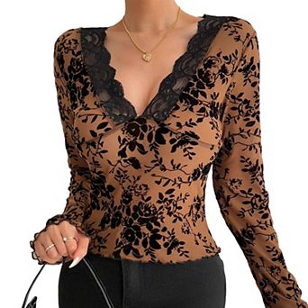 Women's Sheer Floral Blouse Long Sleeve Lace V Neck Mesh Casual Party Top