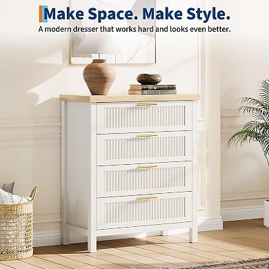 Fluted Tall Dresser, 4-Drawer Storage Cabinet with Modern Wood Design