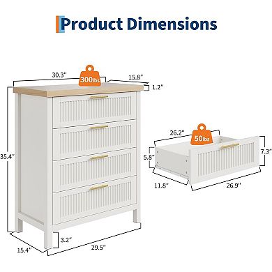 Fluted Tall Dresser, 4-Drawer Storage Cabinet with Modern Wood Design