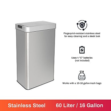 16 Gallon Silver Stainless Steel Slim Motion Sensor Trash Can with Butterfly Lid