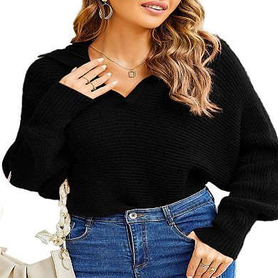 Women Soild Polo V Neck Long Puff Batwing Sleeve Knitwear Pullover Sweater