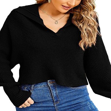 Women Soild Polo V Neck Long Puff Batwing Sleeve Knitwear Pullover Sweater