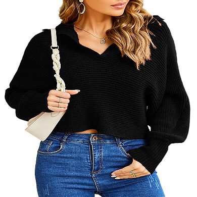 Women Soild Polo V Neck Long Puff Batwing Sleeve Knitwear Pullover Sweater