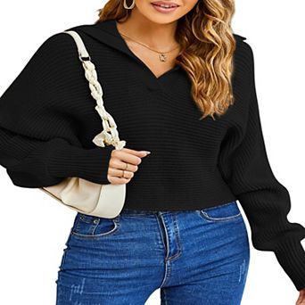 Women Soild Polo V Neck Long Puff Batwing Sleeve Knitwear Pullover Sweater