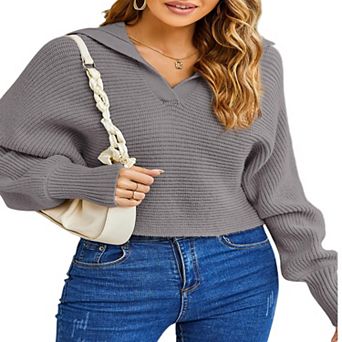 Women Soild Polo V Neck Long Puff Batwing Sleeve Knitwear Pullover Sweater