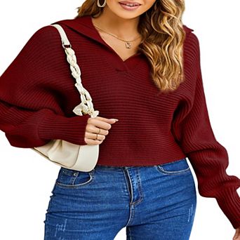 Women Soild Polo V Neck Long Puff Batwing Sleeve Knitwear Pullover Sweater