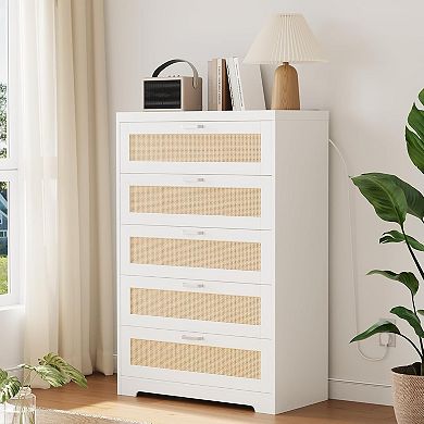 5-Drawer Rattan Dresser with Power Outlets, Tall Wood Storage Chest