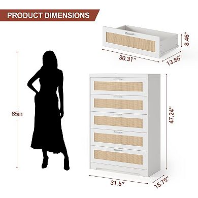 5-Drawer Rattan Dresser with Power Outlets, Tall Wood Storage Chest