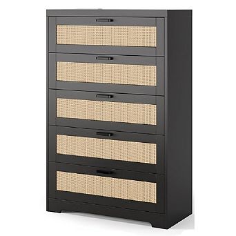5-Drawer Rattan Dresser with Power Outlets, Tall Wood Storage Chest