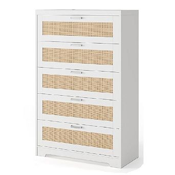 5-Drawer Rattan Dresser with Power Outlets, Tall Wood Storage Chest