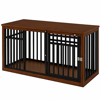 55" Dog Crate Furniture for Medium Large Dogs, Wooden Kennel Furniture with Sliding Door & 2 Bowls
