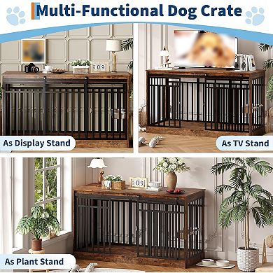 55" Dog Crate Furniture for Medium Large Dogs, Wooden Kennel Furniture with Sliding Door & 2 Bowls