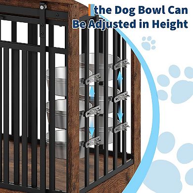 55" Dog Crate Furniture for Medium Large Dogs, Wooden Kennel Furniture with Sliding Door & 2 Bowls