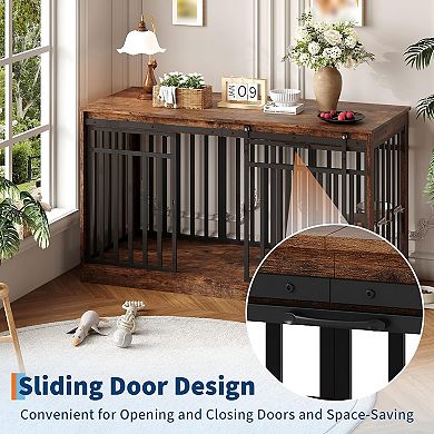 55" Dog Crate Furniture for Medium Large Dogs, Wooden Kennel Furniture with Sliding Door & 2 Bowls