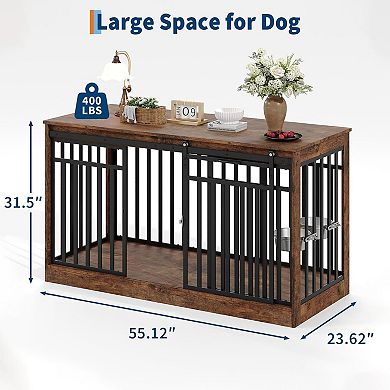 55" Dog Crate Furniture for Medium Large Dogs, Wooden Kennel Furniture with Sliding Door & 2 Bowls