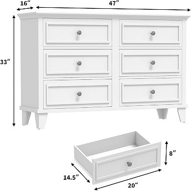Wide 6-Drawer Dresser, Modern Wood Storage Organizer with Metal Handles