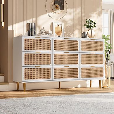 9-Drawer Rattan Dresser with Deep Drawers, Tall Wood Storage with Wide Top