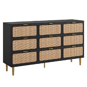 9-Drawer Rattan Dresser with Deep Drawers, Tall Wood Storage with Wide Top