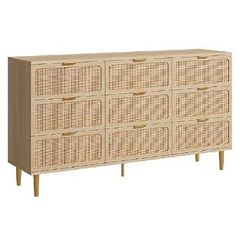 9-Drawer Rattan Dresser with Deep Drawers, Tall Wood Storage with Wide Top