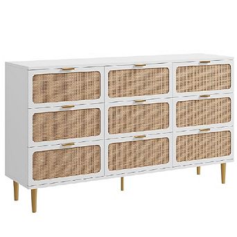 9-Drawer Rattan Dresser with Deep Drawers, Tall Wood Storage with Wide Top