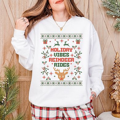 Holiday Vibes Reindeer Rides Ugly Sweater - Women's Garment Dyed Graphic Sweatshirt