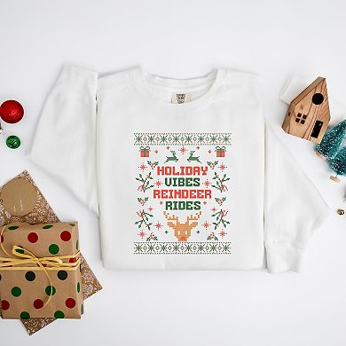 Holiday Vibes Reindeer Rides Ugly Sweater - Women's Garment Dyed Graphic Sweatshirt