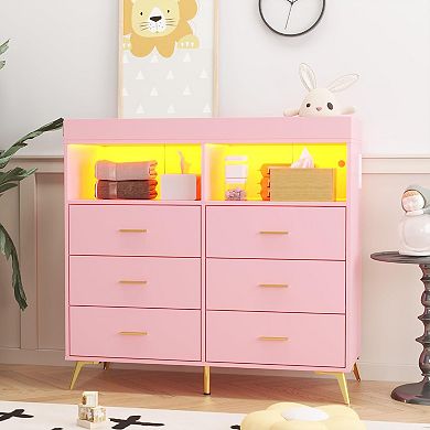 Baby Changing Table with LED Lights & Power Outlet, 6-Drawer Dresser with 2 Open Shelves