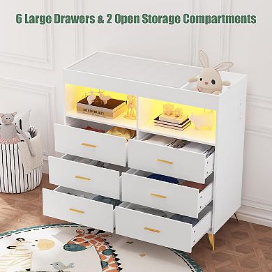 Baby Changing Table with LED Lights & Power Outlet, 6-Drawer Dresser with 2 Open Shelves