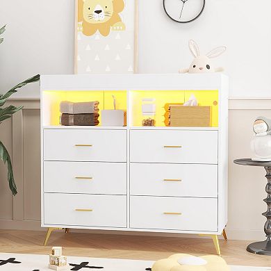 Baby Changing Table with LED Lights & Power Outlet, 6-Drawer Dresser with 2 Open Shelves