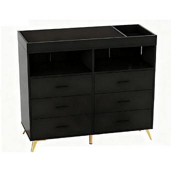 Baby Changing Table with LED Lights & Power Outlet, 6-Drawer Dresser with 2 Open Shelves