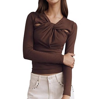 Women's Knot Front Cutout Long Sleeve Top Fitted Casual Blouse