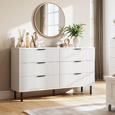 Fluted 6-Drawer Dresser with Anti-Tip, Metal Legs & Handles for Bedroom Living Room