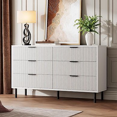 Fluted 6-Drawer Dresser with Anti-Tip, Metal Legs & Handles for Bedroom Living Room