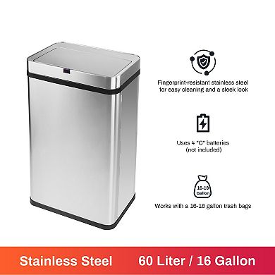 16 Gallon Silver Stainless Steel Motion Sensor Trash Can with Removable and Portable Design
