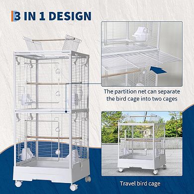 Small Bird Cage with Wheels, 40 Inch Parakeet Cage with Top Stand, 3 in 1 Bird Carrier