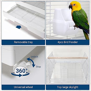 Small Bird Cage with Wheels, 40 Inch Parakeet Cage with Top Stand, 3 in 1 Bird Carrier