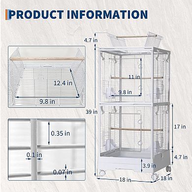 Small Bird Cage with Wheels, 40 Inch Parakeet Cage with Top Stand, 3 in 1 Bird Carrier