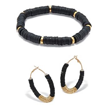 PalmBeach Jewelry Black Disc Beaded Goldtone Hoop Earrings and Stackable Stretch Bracelet Set