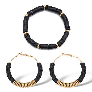 PalmBeach Jewelry Black Disc Beaded Goldtone Hoop Earrings and Stackable Stretch Bracelet Set