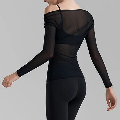 Women's Sheer One-Shoulder Yoga Top Ruched Mesh Long Sleeve Workout Cover-Up