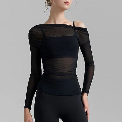 Women's Sheer One-Shoulder Yoga Top Ruched Mesh Long Sleeve Workout Cover-Up