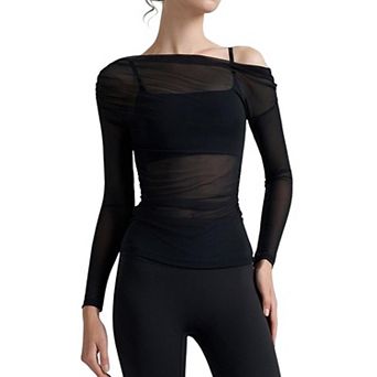 Women's Sheer One-Shoulder Yoga Top Ruched Mesh Long Sleeve Workout Cover-Up