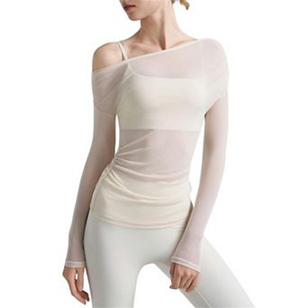 Women's Sheer One-Shoulder Yoga Top Ruched Mesh Long Sleeve Workout Cover-Up