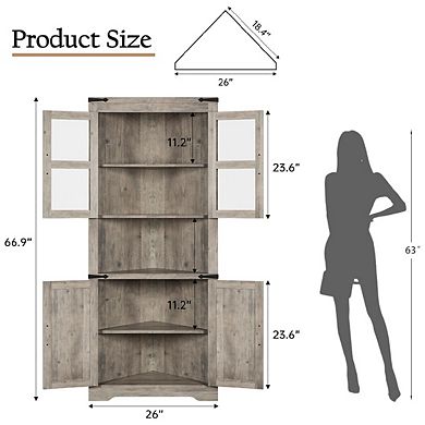 Corner Cabinet, Farmhouse Corner Storage Cabinet with Glass Door & Adjustable Shelves