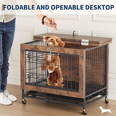Small Dog Crate Furniture with 2 Doors and Wheels Heavy Duty Wooden Indoor Kennel Dog House Cage