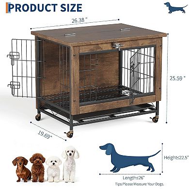 Small Dog Crate Furniture with 2 Doors and Wheels Heavy Duty Wooden Indoor Kennel Dog House Cage