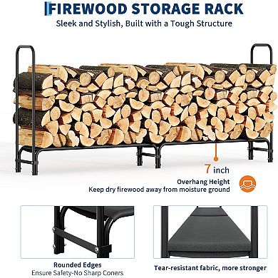 4/8FT Firewood Rack Stand Heavy Duty Wood Storage Holder with Fabric Mesh Black